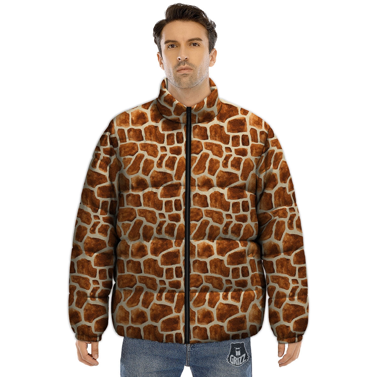 Giraffe Brown Watercolor Print Pattern Puffer Jacket-grizzshop
