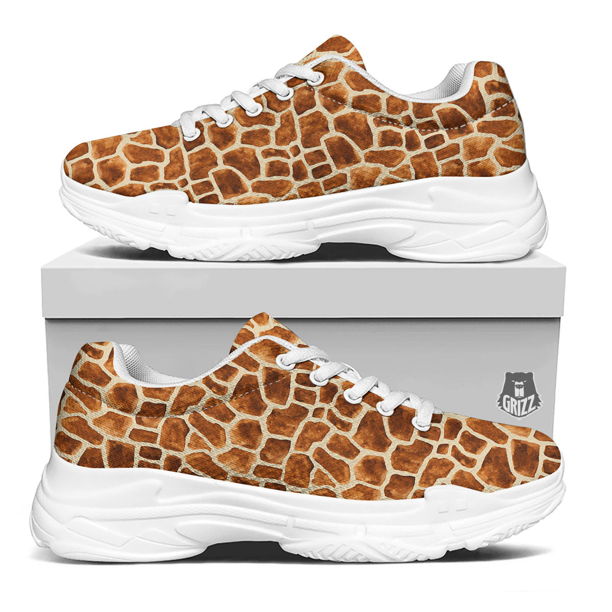 Giraffe Brown Watercolor Print Pattern White Chunky Shoes-grizzshop