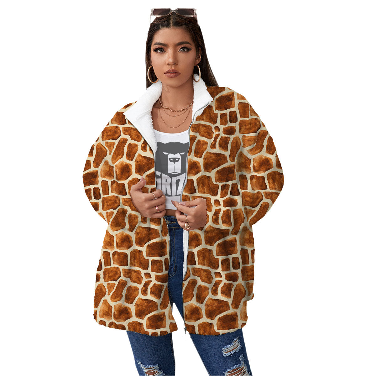 Giraffe Brown Watercolor Print Pattern Women's Sherpa Jacket-grizzshop