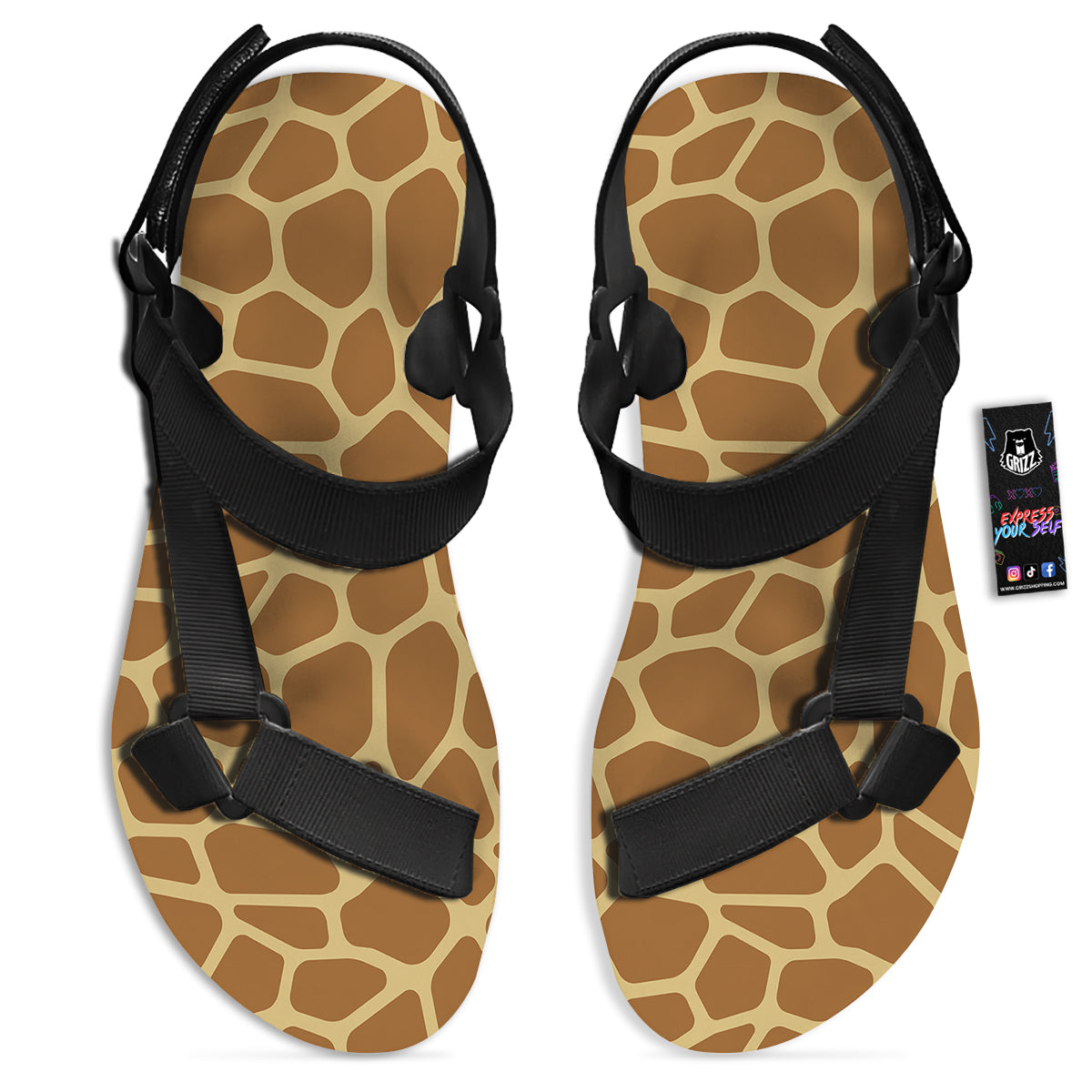 Giraffe Brown Yellow Print Pattern Black Open Toe Sandals-grizzshop