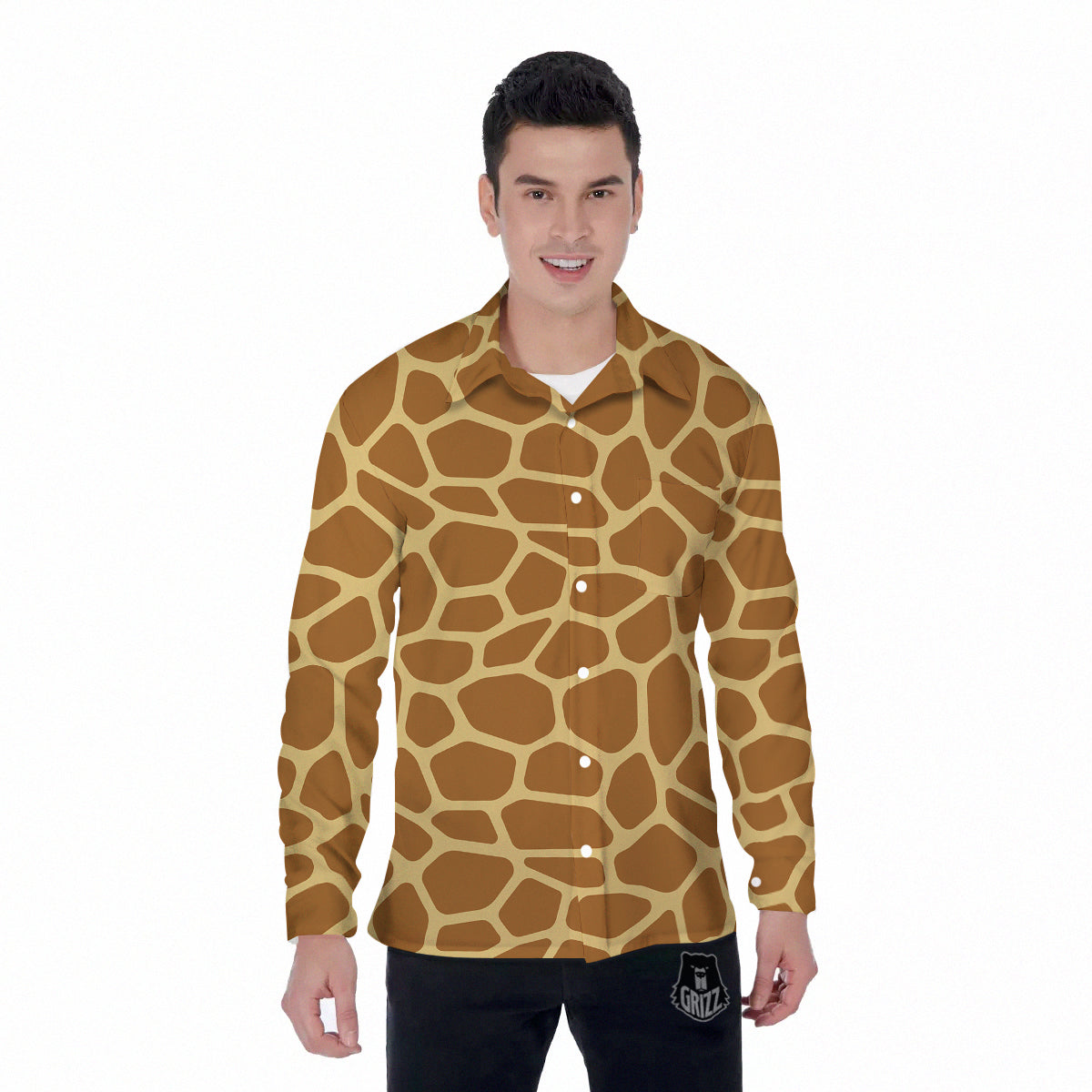 Giraffe Brown Yellow Print Pattern Men's Long Sleeve Shirts-grizzshop