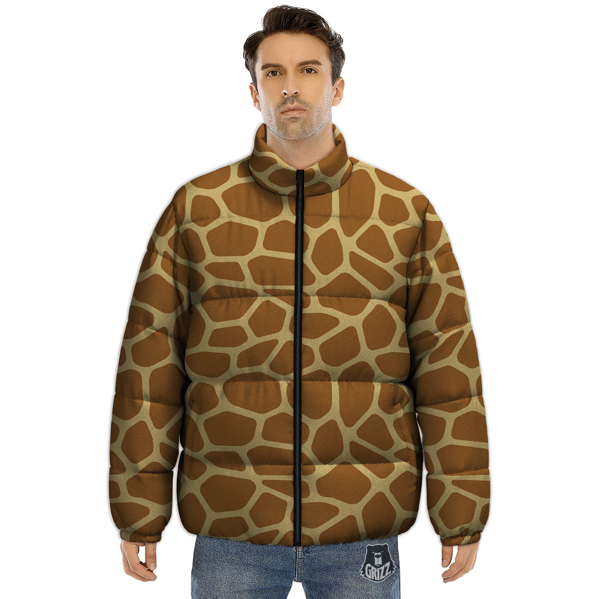 Giraffe Brown Yellow Print Pattern Puffer Jacket-grizzshop