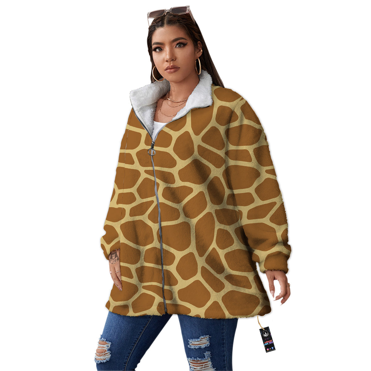Giraffe Brown Yellow Print Pattern Women's Sherpa Jacket-grizzshop