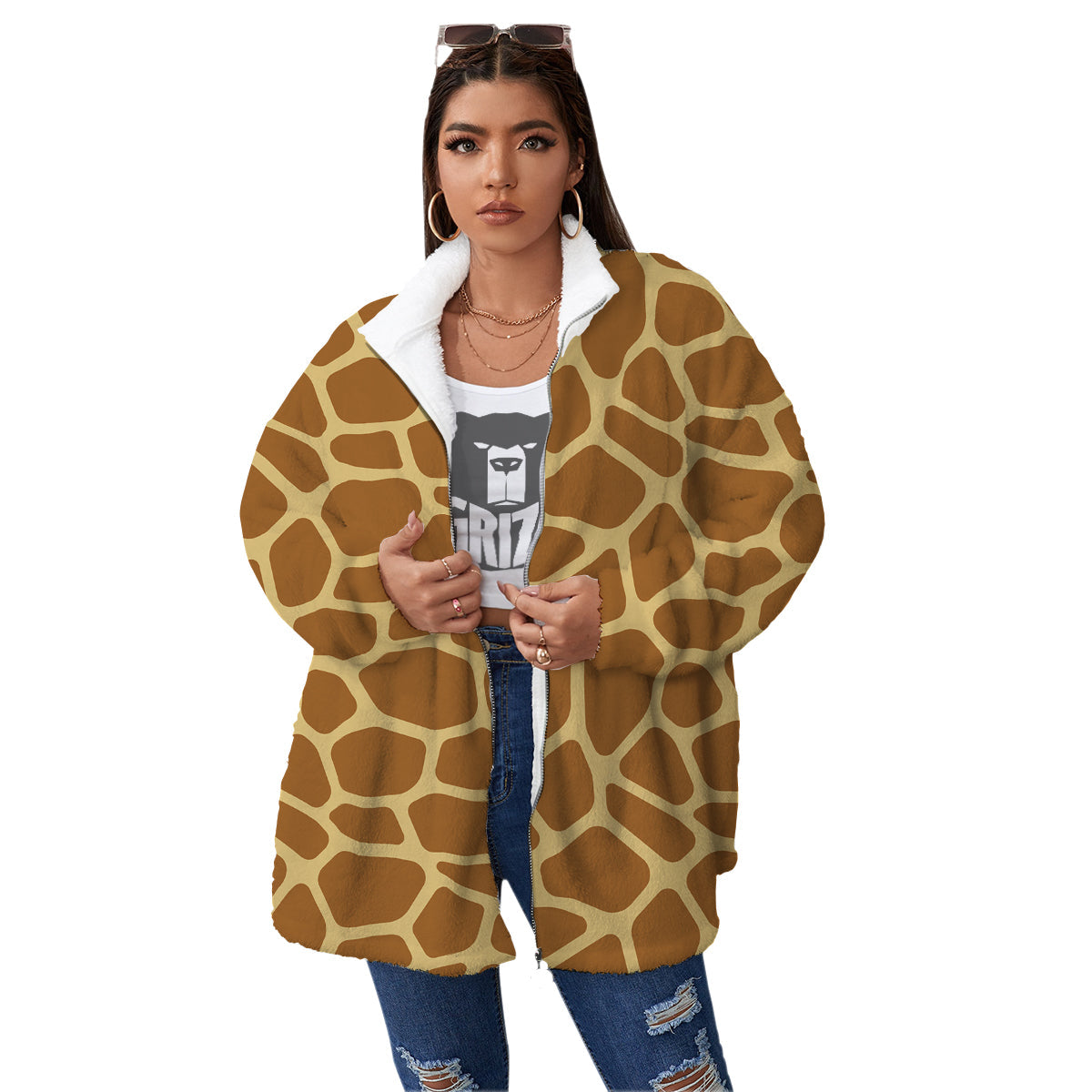 Giraffe Brown Yellow Print Pattern Women's Sherpa Jacket-grizzshop