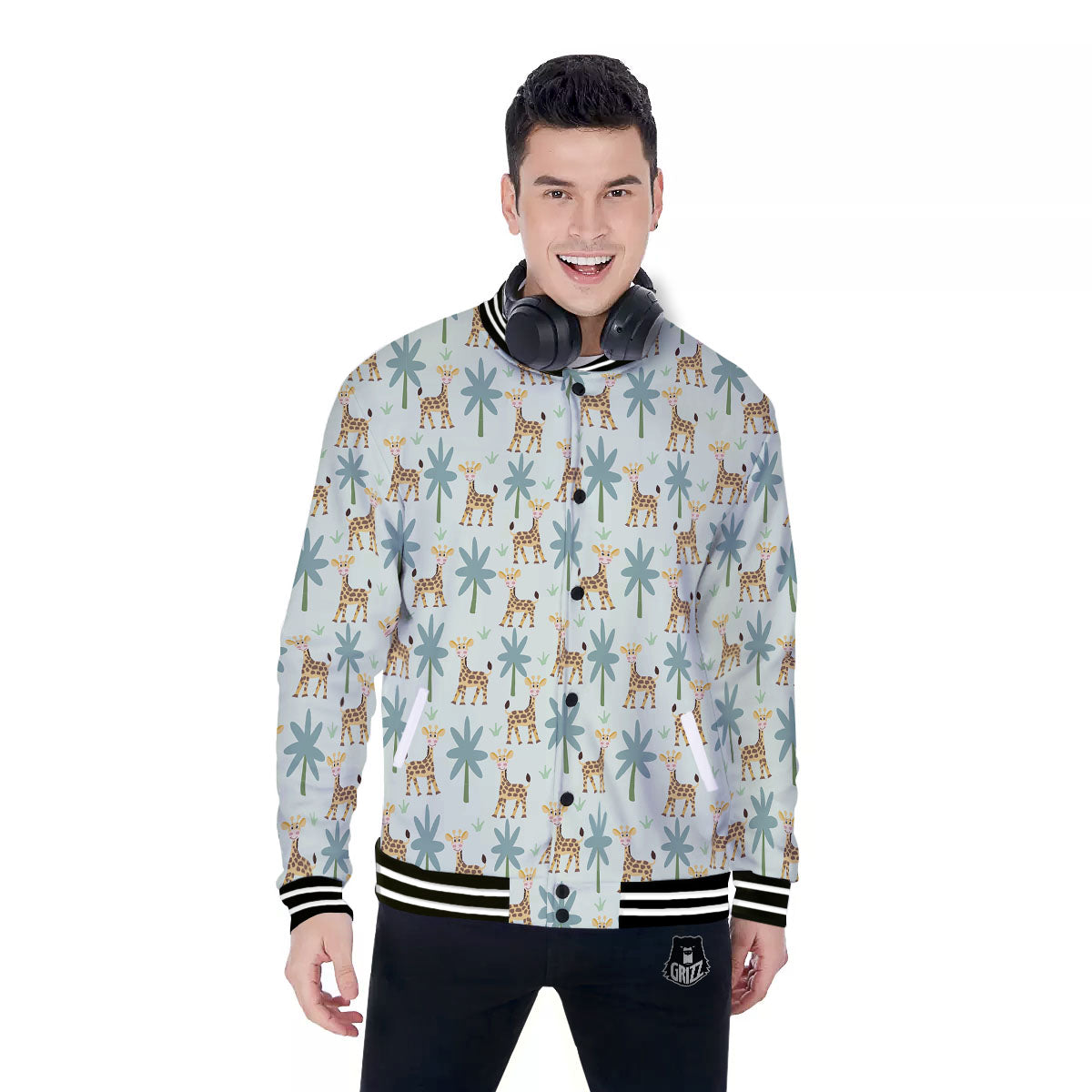 Giraffe Cartoon Print Pattern Baseball Jacket-grizzshop