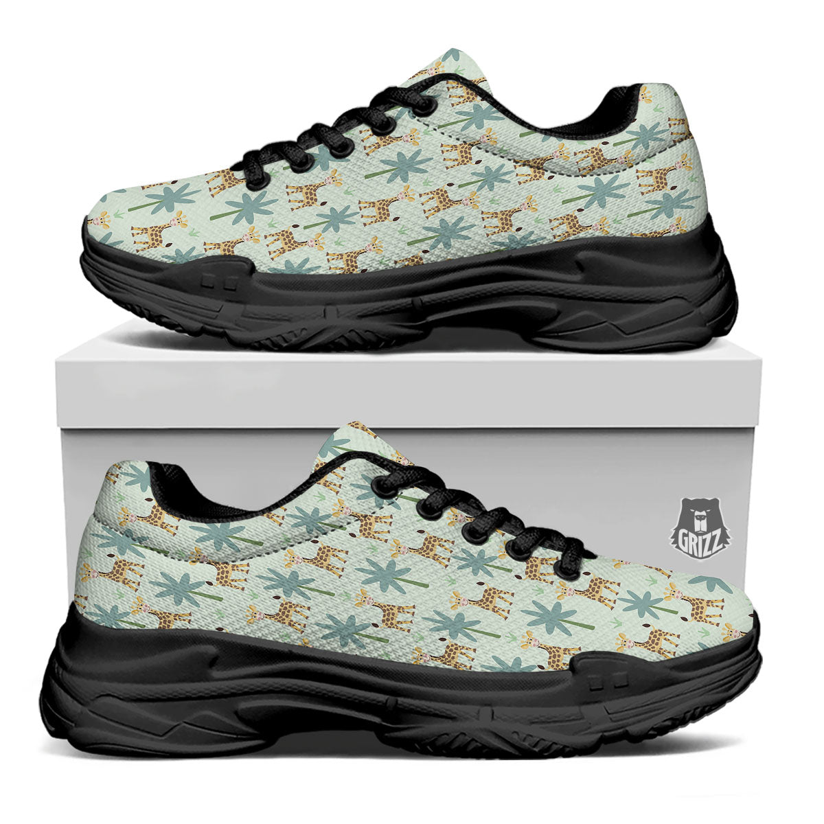 Giraffe Cartoon Print Pattern Black Chunky Shoes-grizzshop