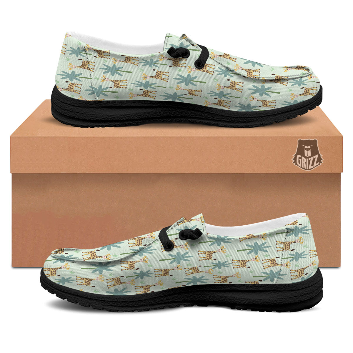 Giraffe Cartoon Print Pattern Black Loafers-grizzshop