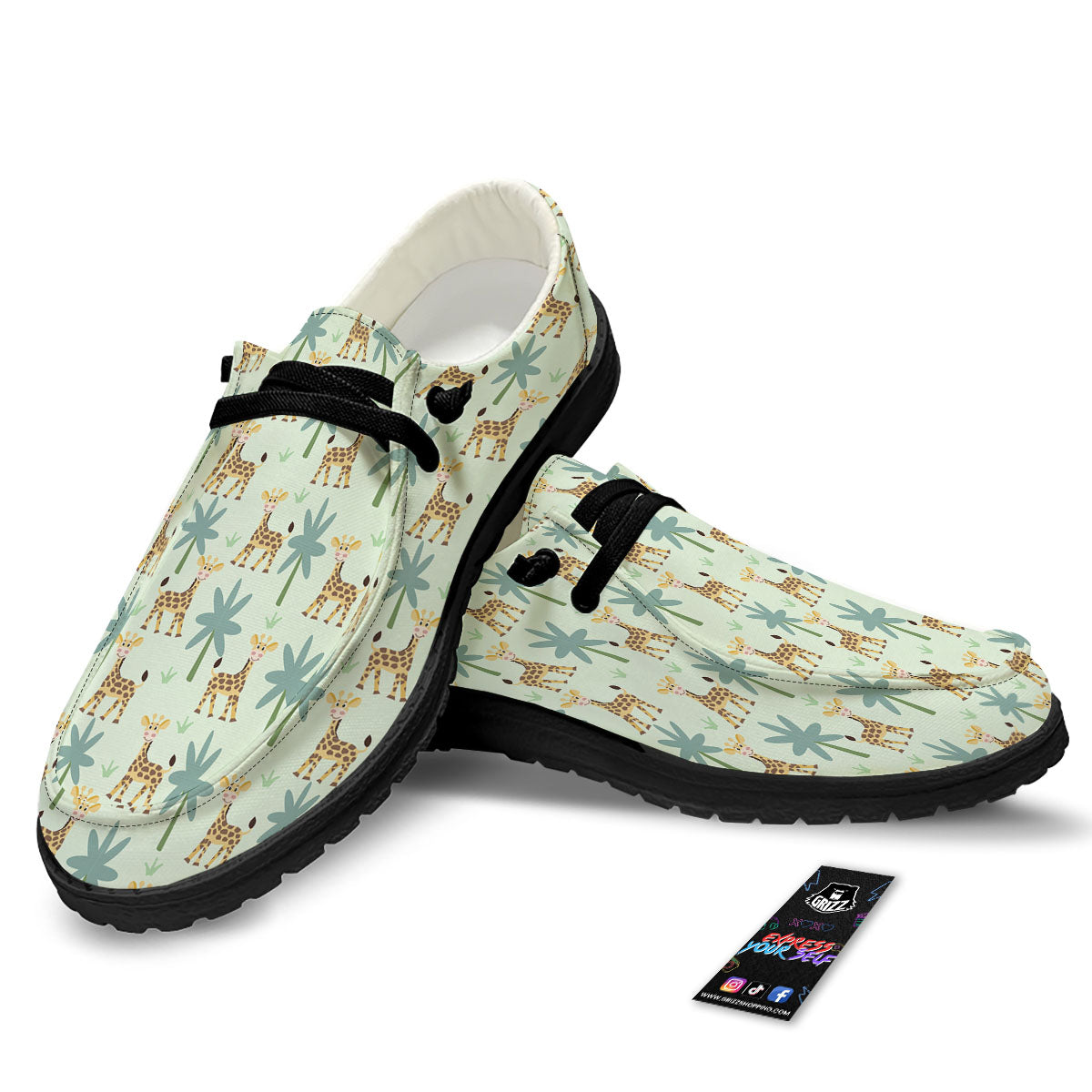 Giraffe Cartoon Print Pattern Black Loafers-grizzshop