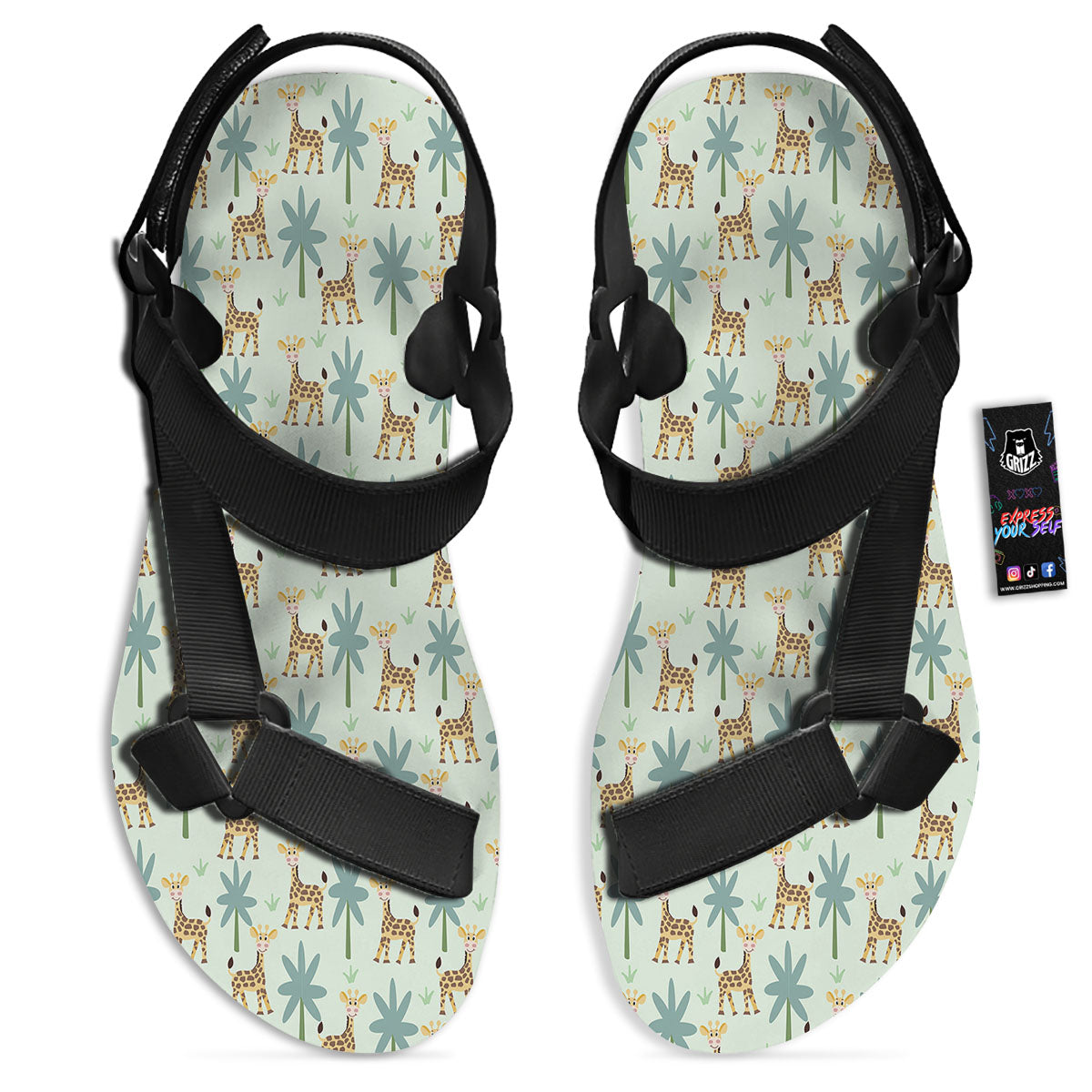 Giraffe Cartoon Print Pattern Black Open Toe Sandals-grizzshop
