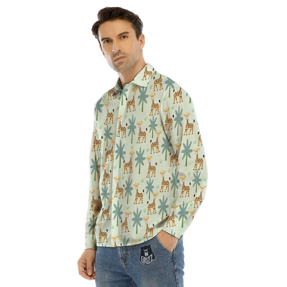 Giraffe Cartoon Print Pattern Men's Dress Shirts-grizzshop