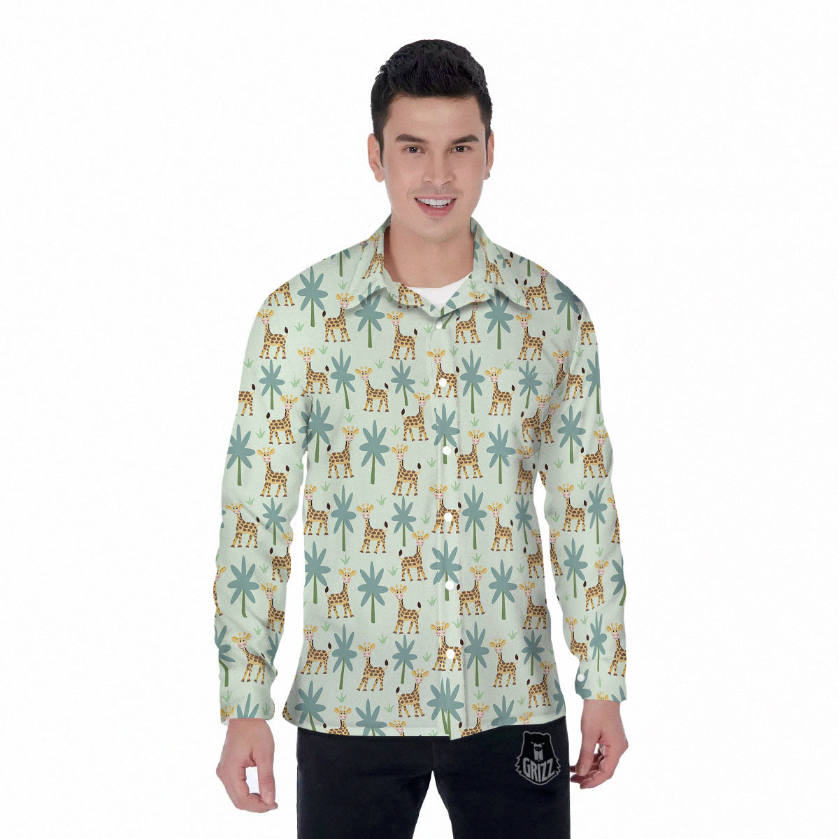 Giraffe Cartoon Print Pattern Men's Long Sleeve Shirts-grizzshop