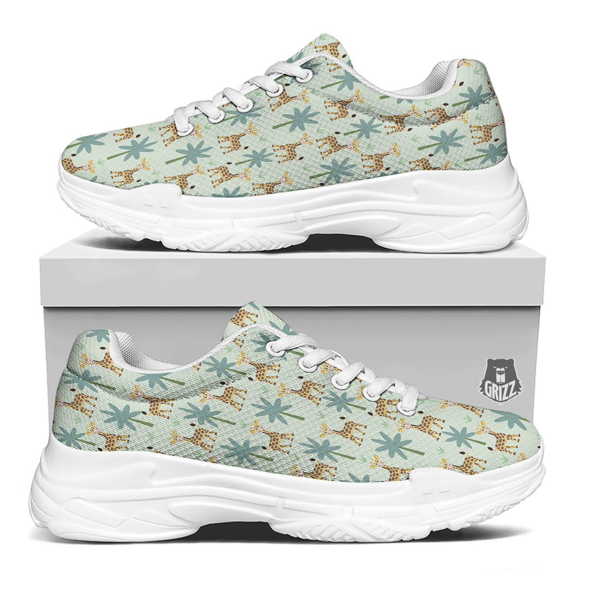 Giraffe Cartoon Print Pattern White Chunky Shoes-grizzshop