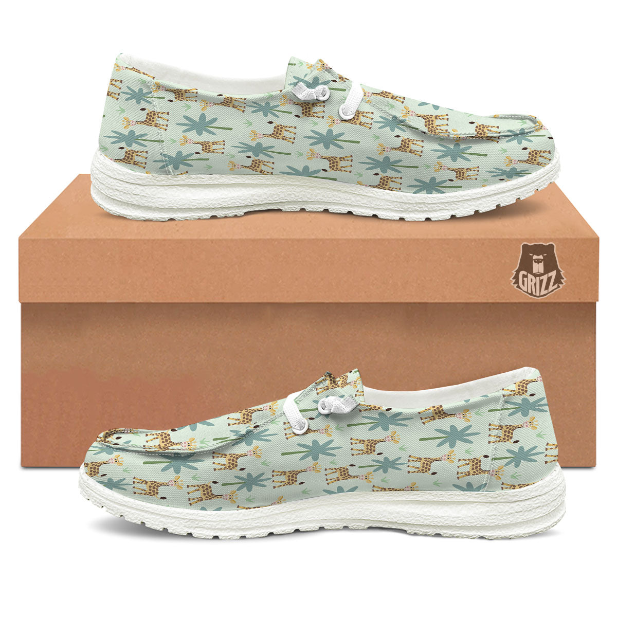Giraffe Cartoon Print Pattern White Loafers-grizzshop