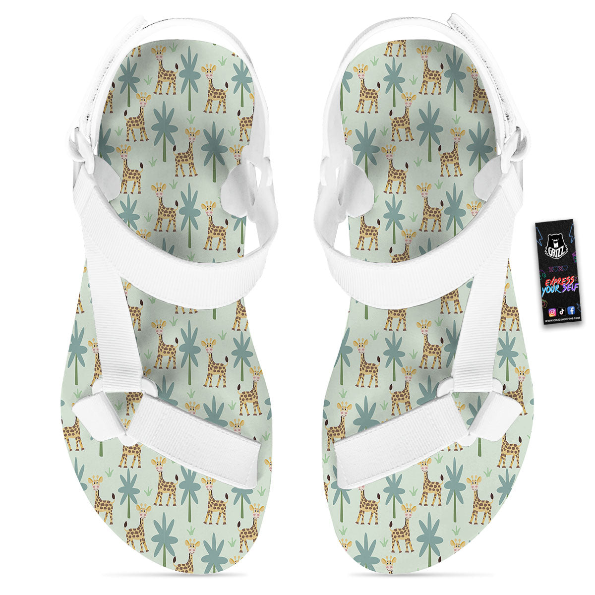 Giraffe Cartoon Print Pattern White Open Toe Sandals-grizzshop