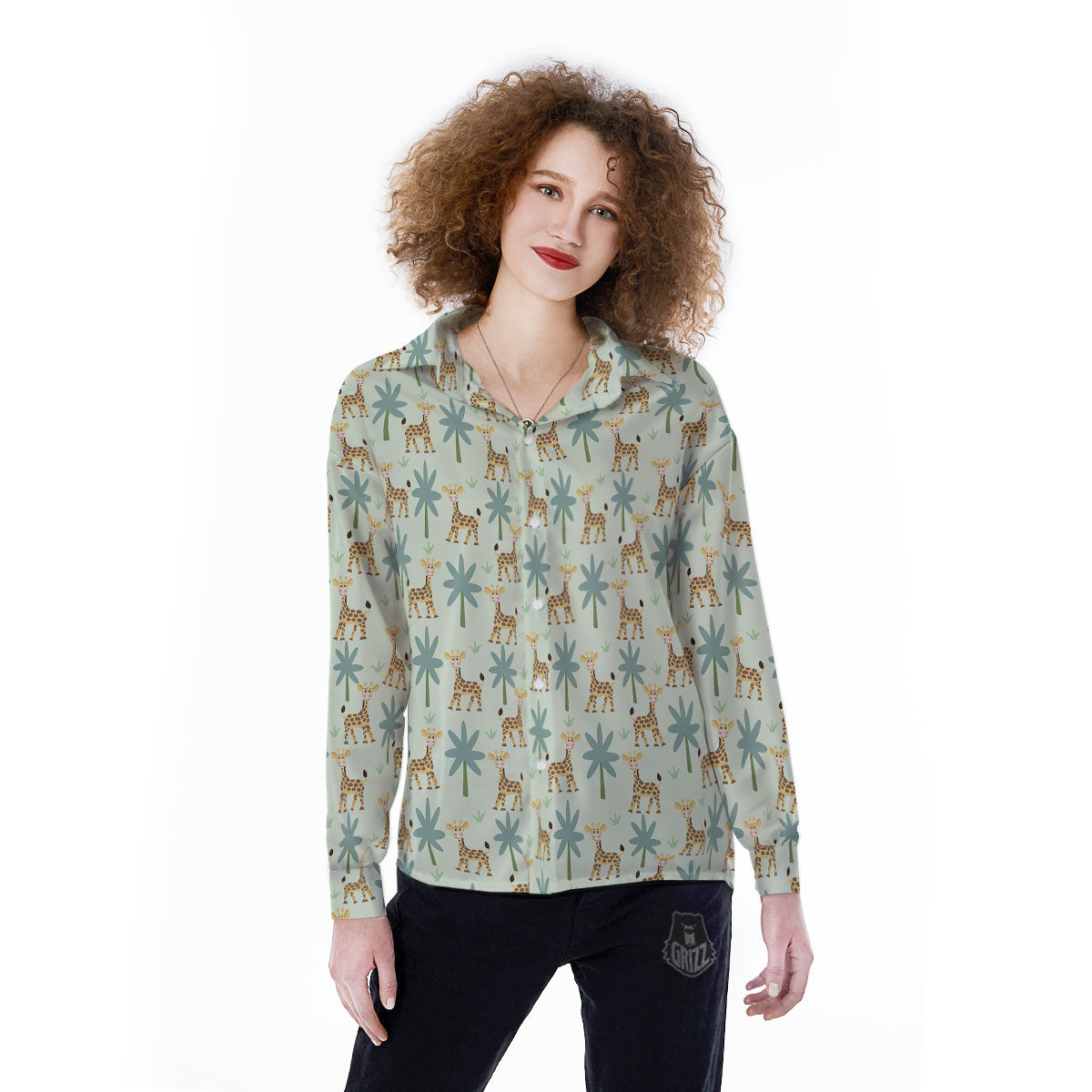Giraffe Cartoon Print Pattern Women's Long Sleeve Shirts-grizzshop