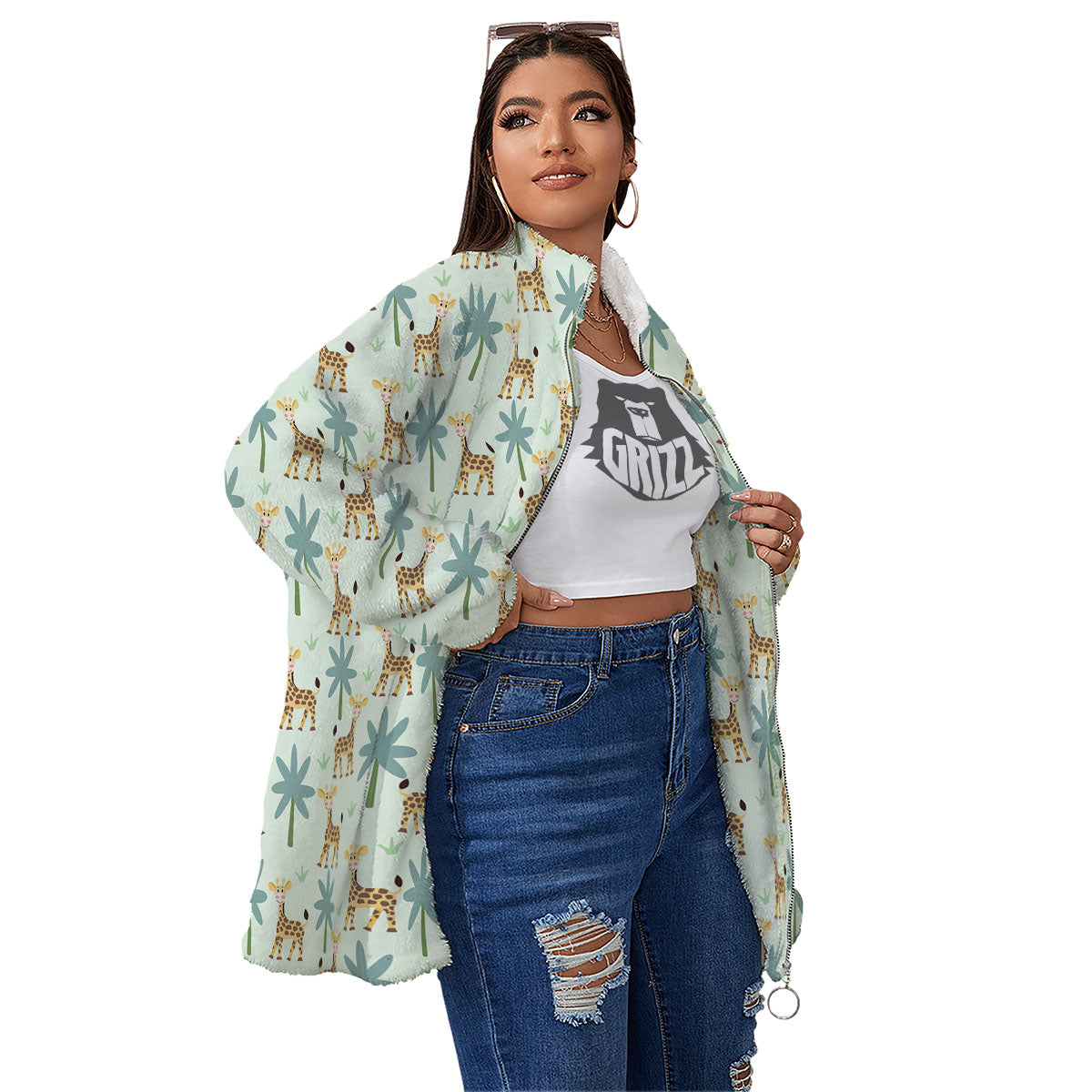 Giraffe Cartoon Print Pattern Women's Sherpa Jacket-grizzshop