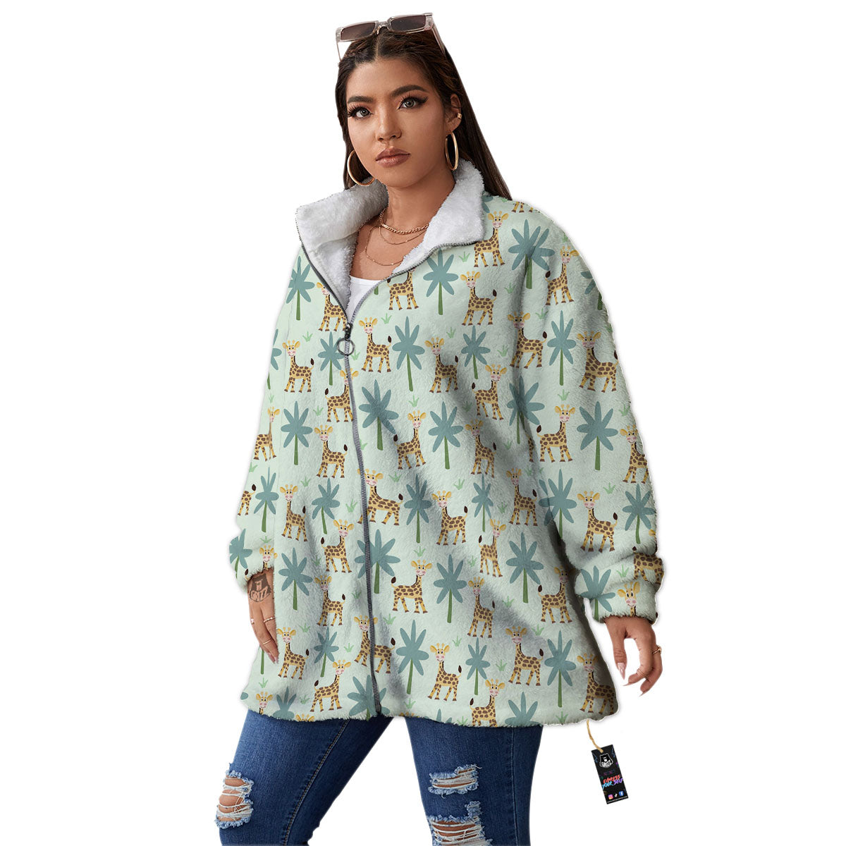 Giraffe Cartoon Print Pattern Women's Sherpa Jacket-grizzshop
