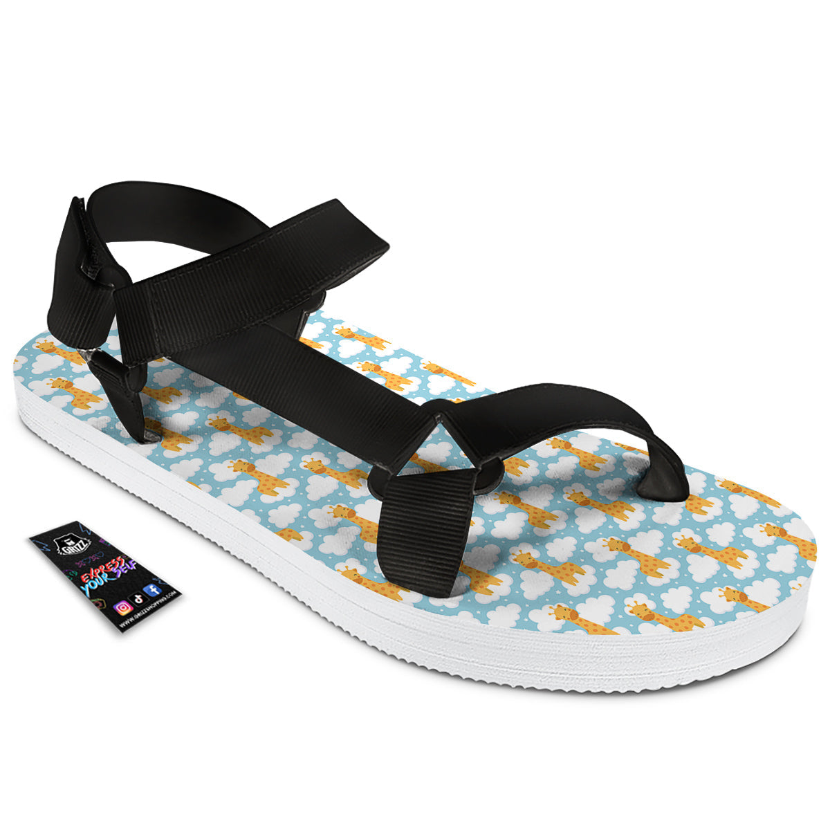Giraffe Cute Cartoon Print Pattern Black Open Toe Sandals-grizzshop