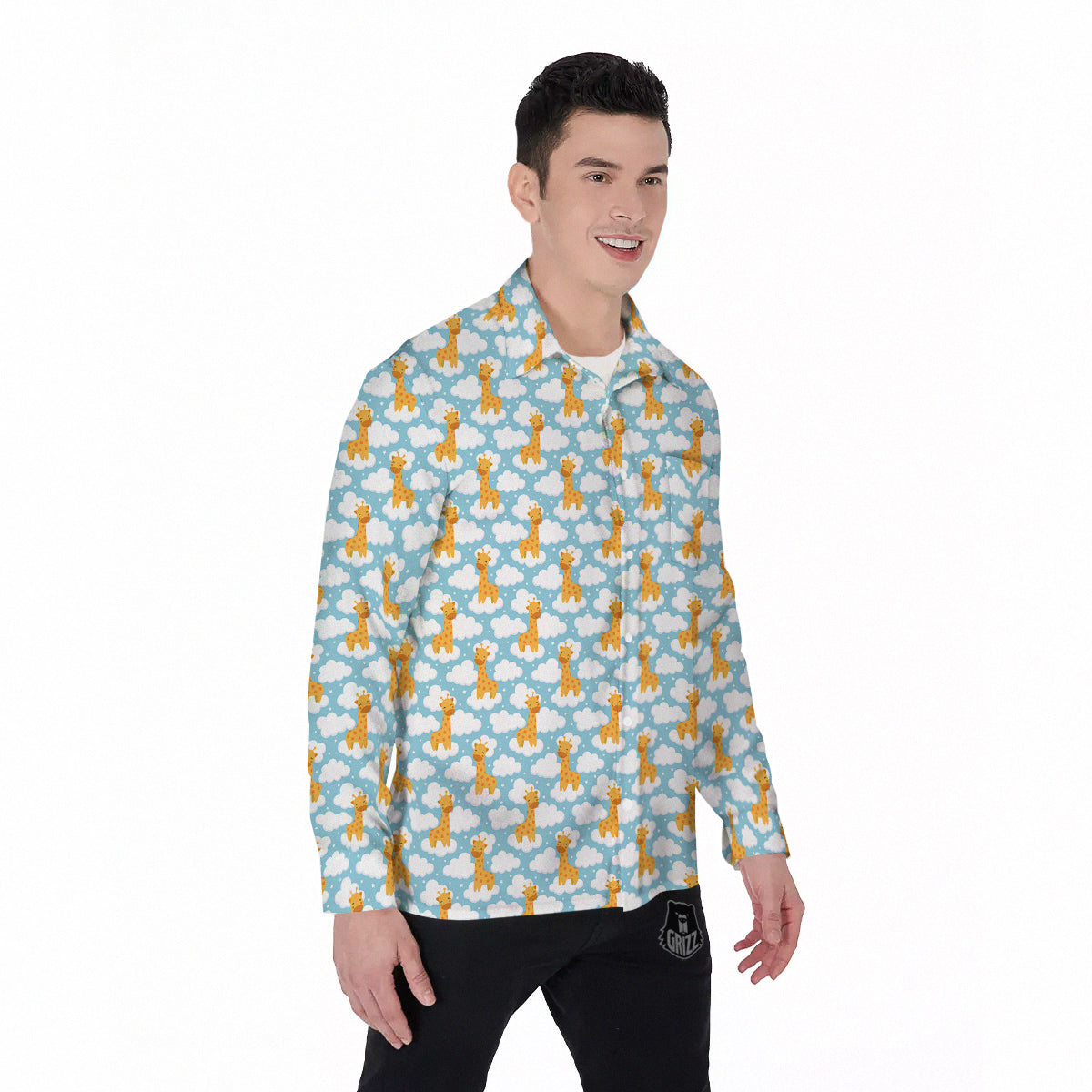 Giraffe Cute Cartoon Print Pattern Men's Long Sleeve Shirts-grizzshop
