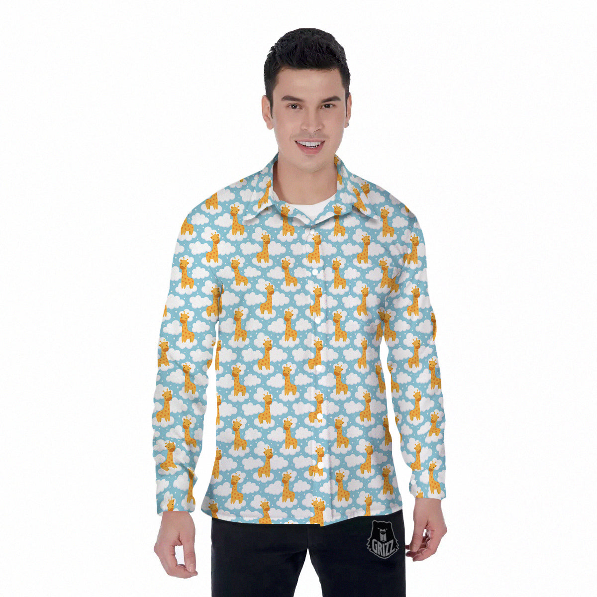 Giraffe Cute Cartoon Print Pattern Men's Long Sleeve Shirts-grizzshop