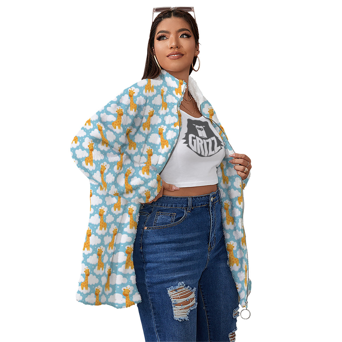 Giraffe Cute Cartoon Print Pattern Women's Sherpa Jacket-grizzshop