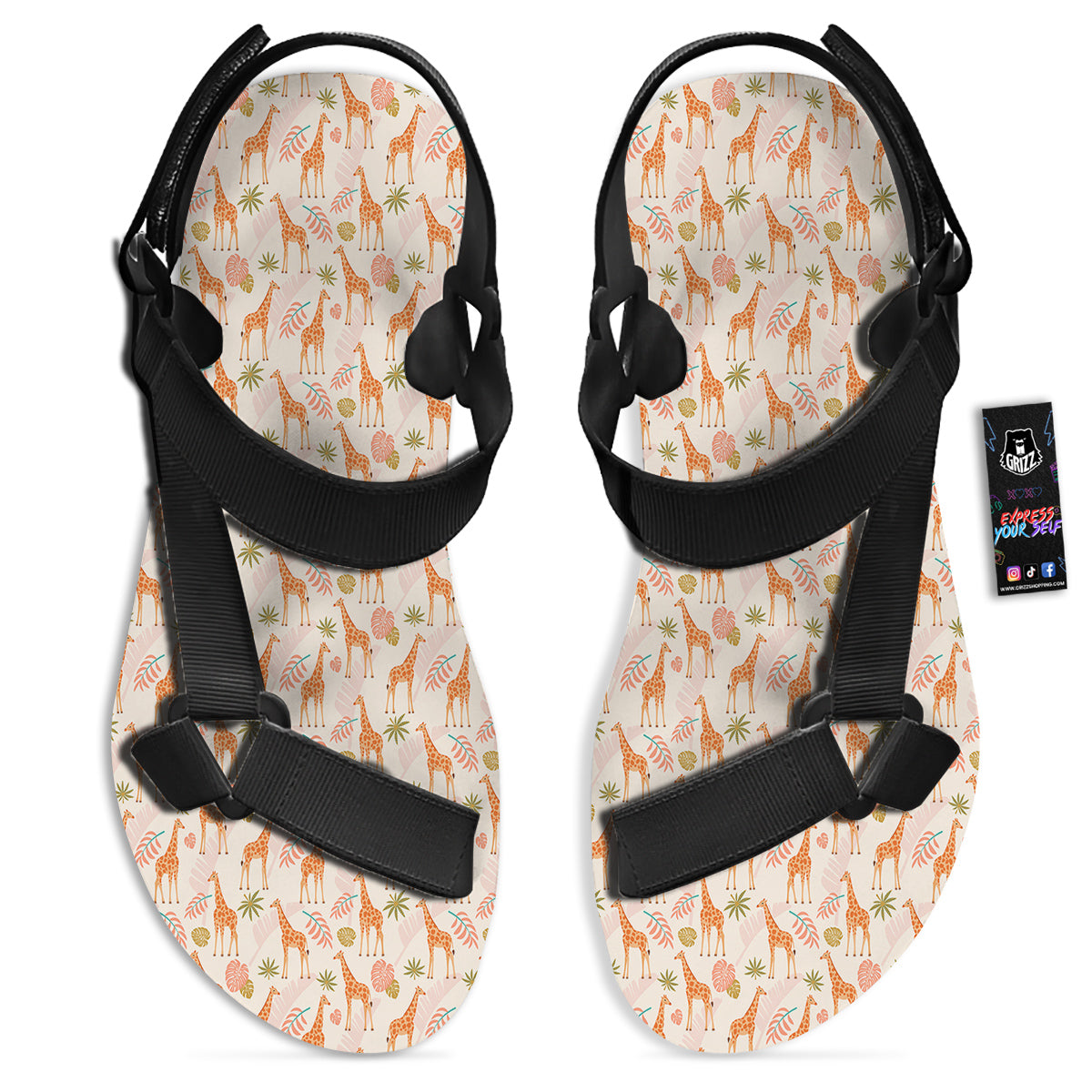 Giraffe Cute Print Pattern Black Open Toe Sandals-grizzshop