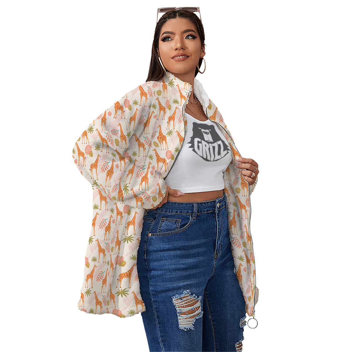Giraffe Cute Print Pattern Women's Sherpa Jacket-grizzshop