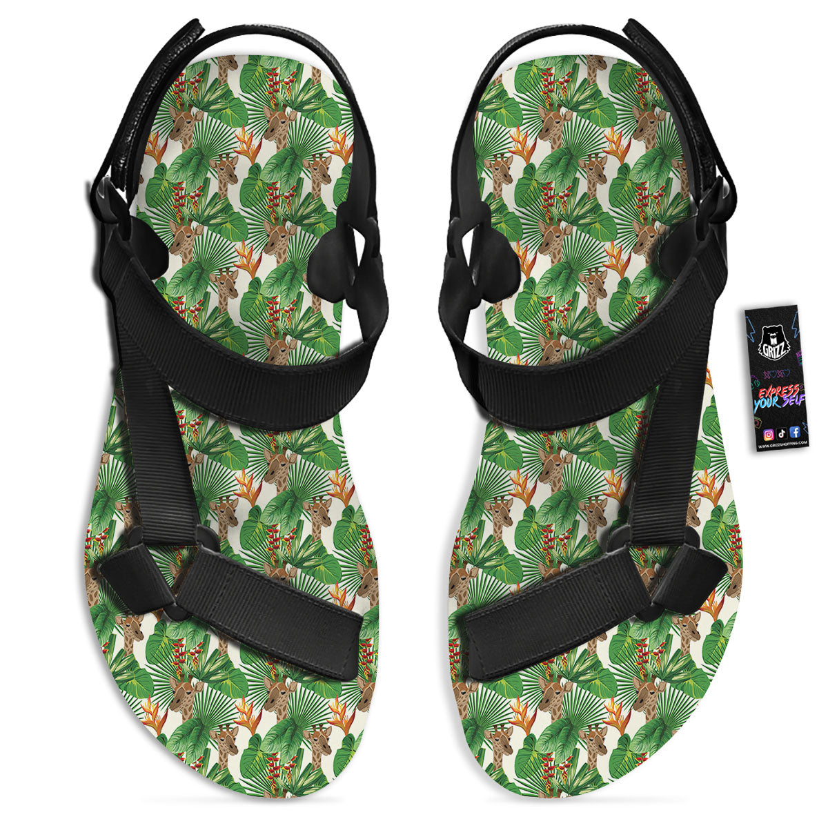 Giraffe Exotic Tropical Print Pattern Black Open Toe Sandals-grizzshop