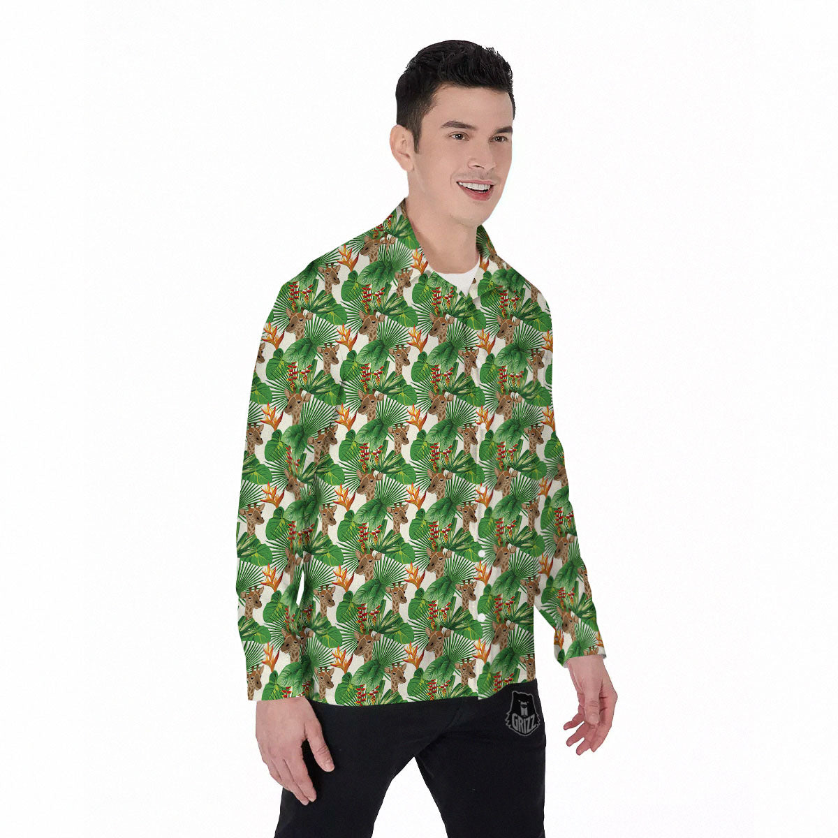 Giraffe Exotic Tropical Print Pattern Men's Long Sleeve Shirts-grizzshop