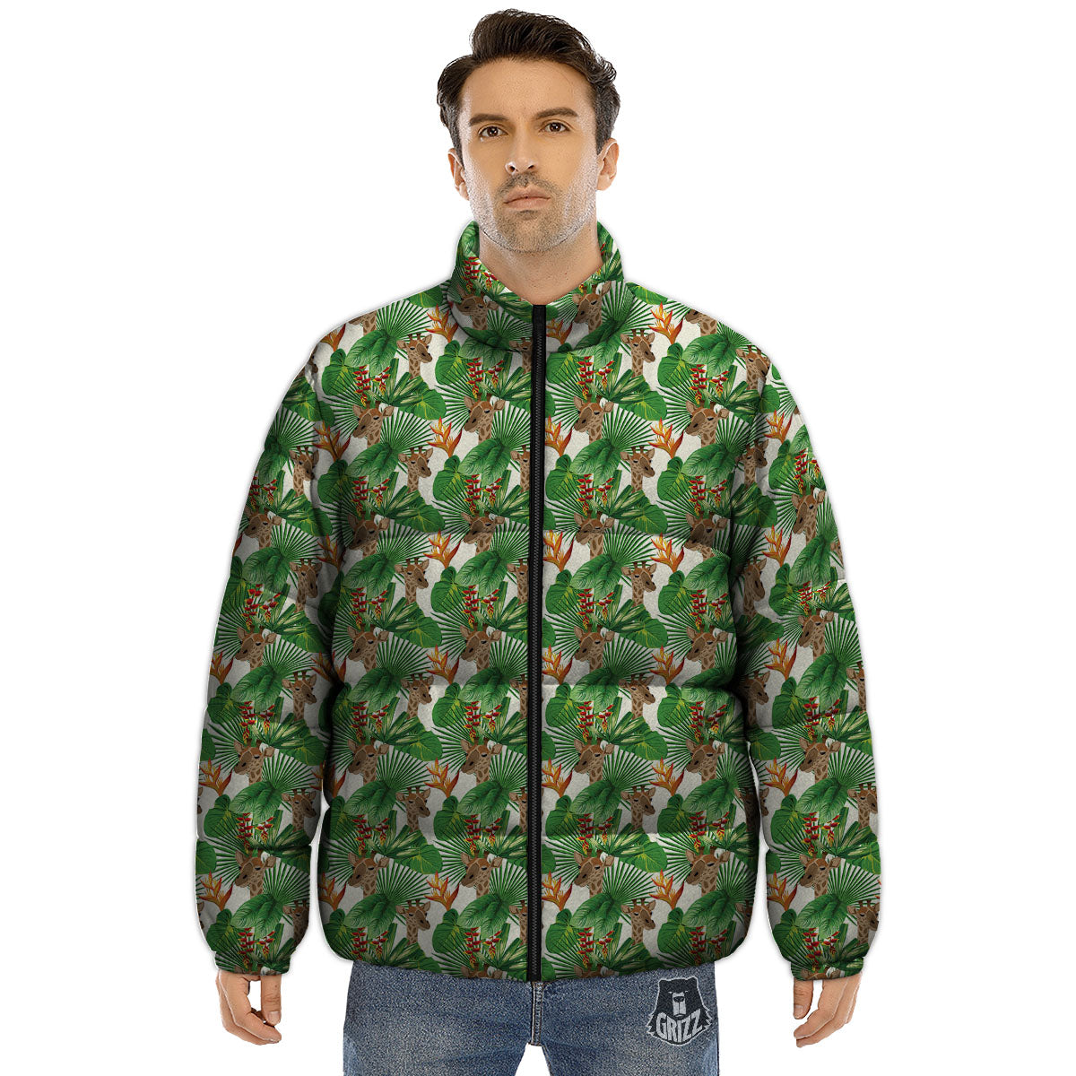 Giraffe Exotic Tropical Print Pattern Puffer Jacket-grizzshop
