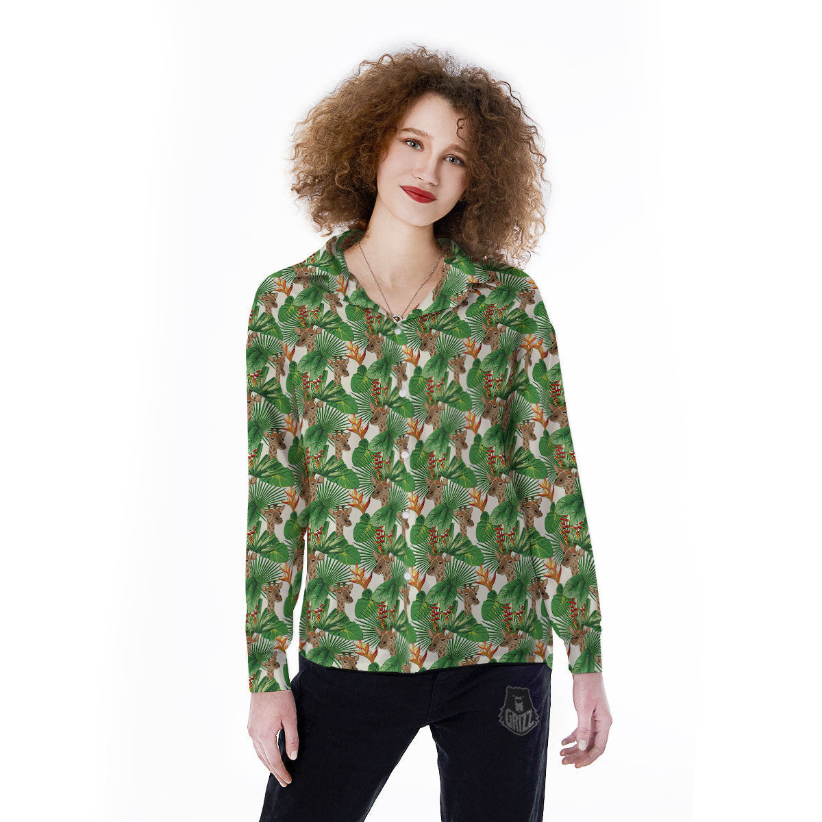 Giraffe Exotic Tropical Print Pattern Women's Long Sleeve Shirts-grizzshop