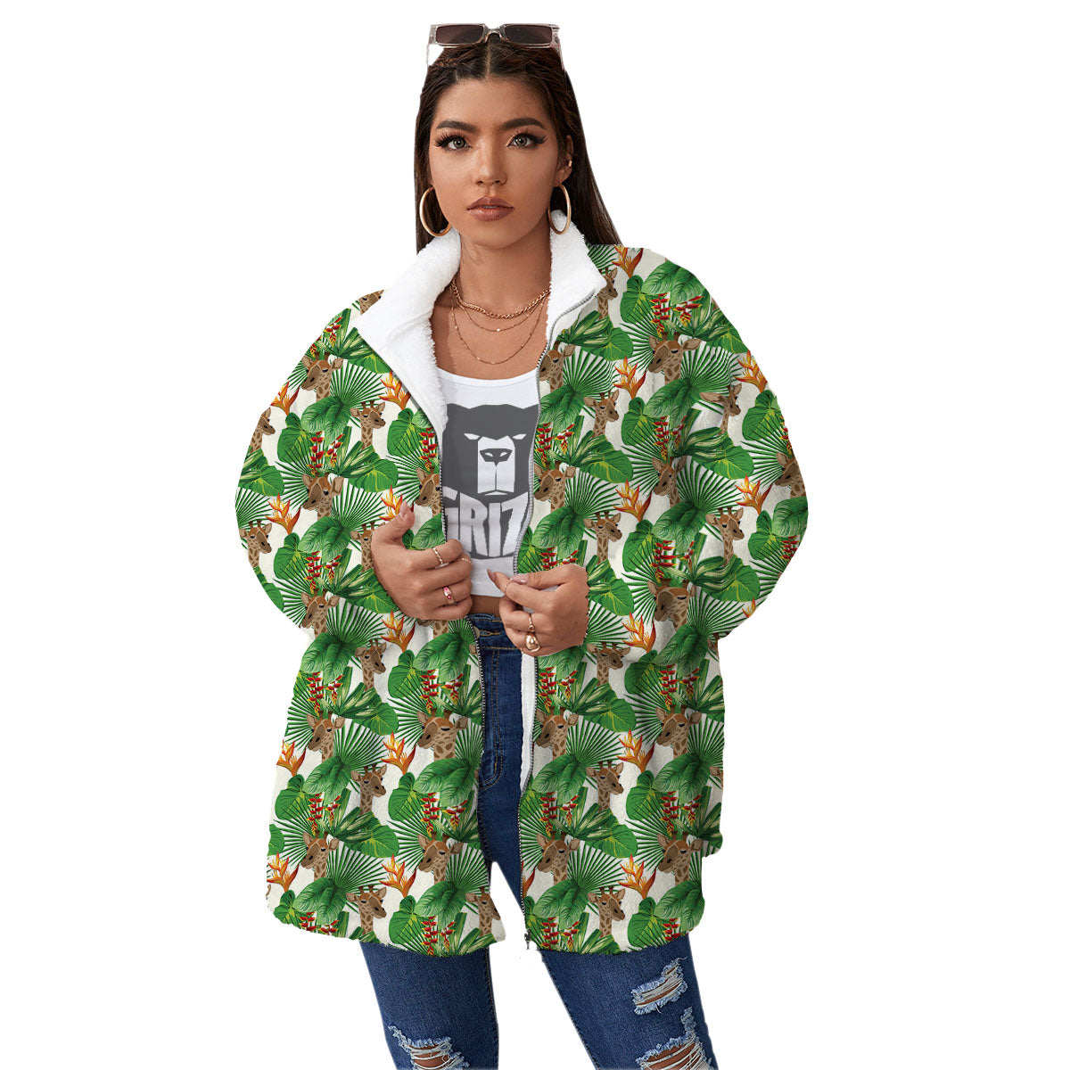 Giraffe Exotic Tropical Print Pattern Women's Sherpa Jacket-grizzshop