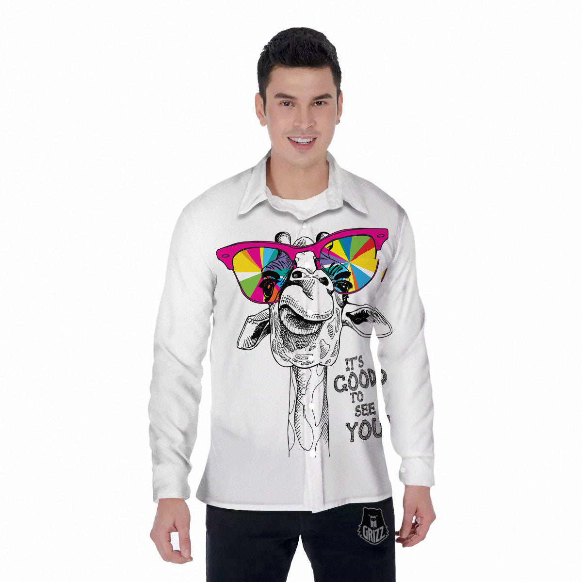 Giraffe Funny Print Men's Long Sleeve Shirts-grizzshop