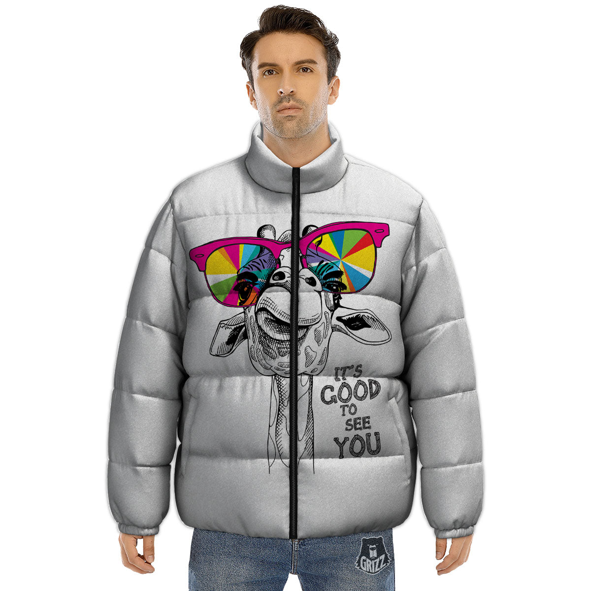 Giraffe Funny Print Puffer Jacket-grizzshop