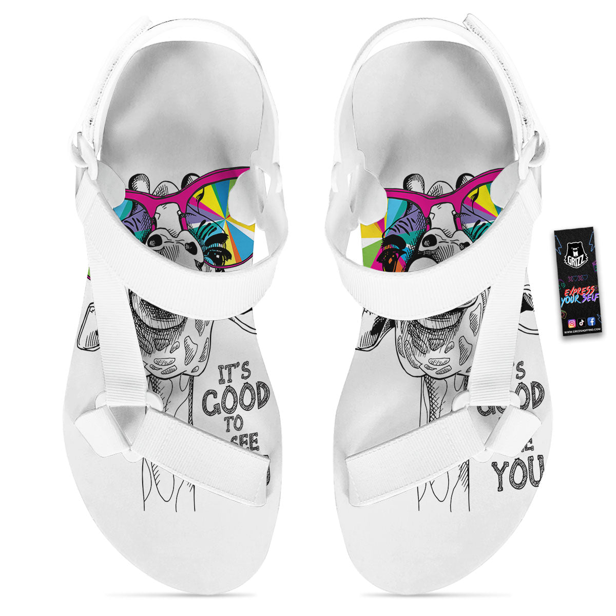 Giraffe Funny Print White Open Toe Sandals-grizzshop