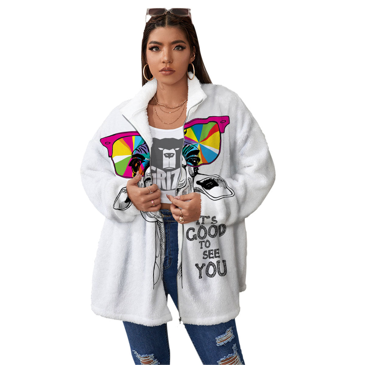 Giraffe Funny Print Women's Sherpa Jacket-grizzshop