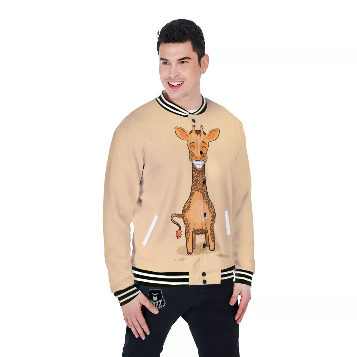 Giraffe Smiley Face Print Baseball Jacket-grizzshop