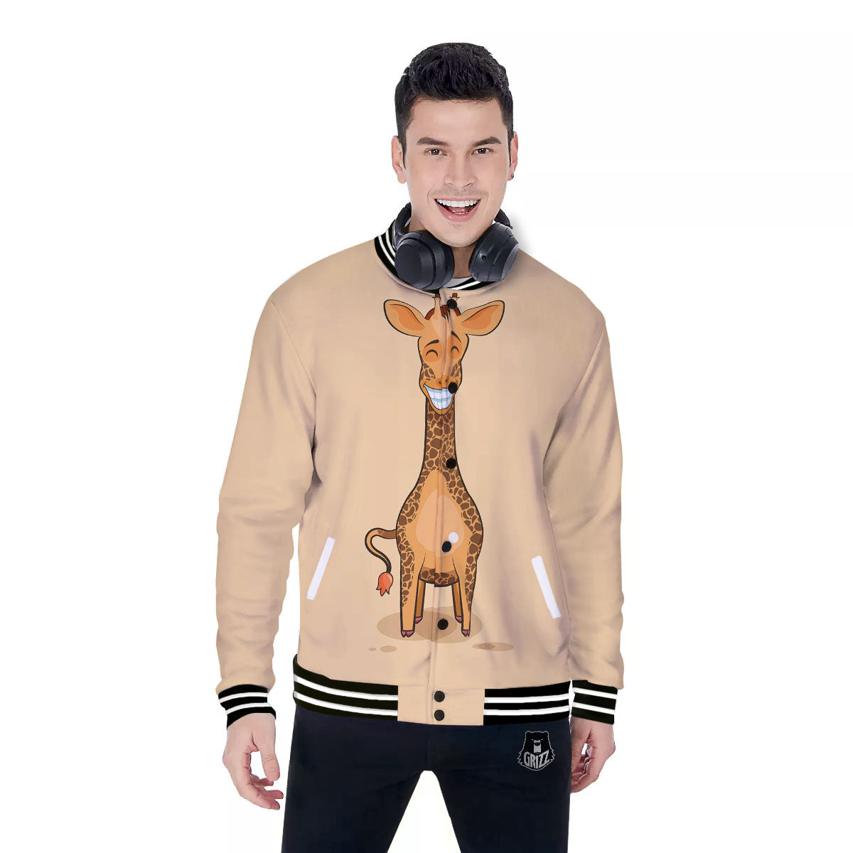 Giraffe Smiley Face Print Baseball Jacket-grizzshop