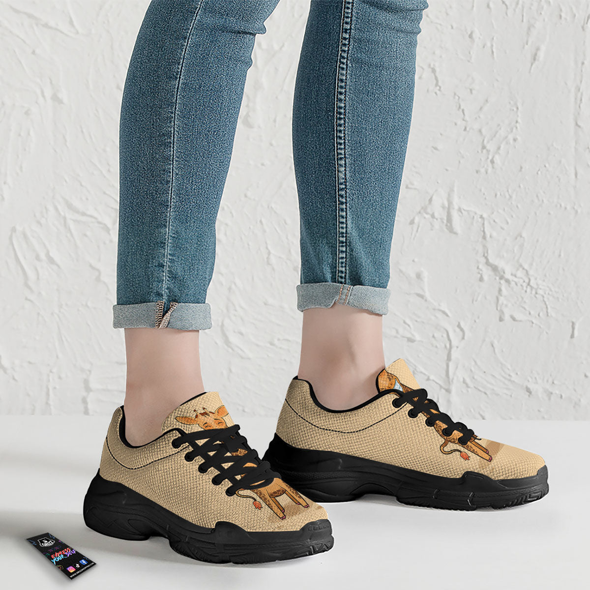 Giraffe Smiley Face Print Black Chunky Shoes-grizzshop