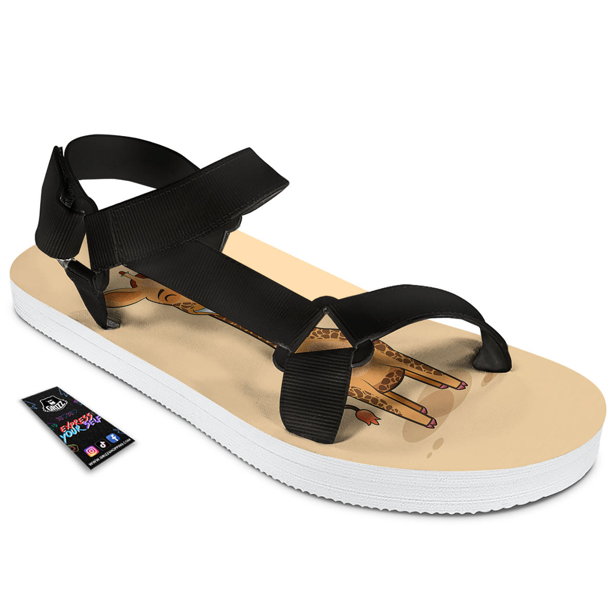 Giraffe Smiley Face Print Black Open Toe Sandals-grizzshop