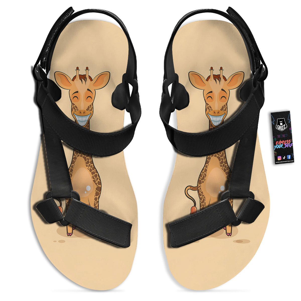 Giraffe Smiley Face Print Black Open Toe Sandals-grizzshop