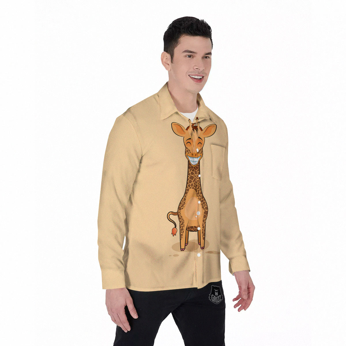 Giraffe Smiley Face Print Men's Long Sleeve Shirts-grizzshop