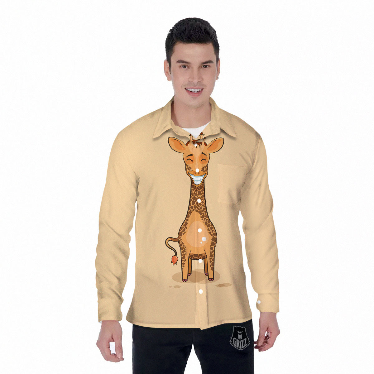 Giraffe Smiley Face Print Men's Long Sleeve Shirts-grizzshop