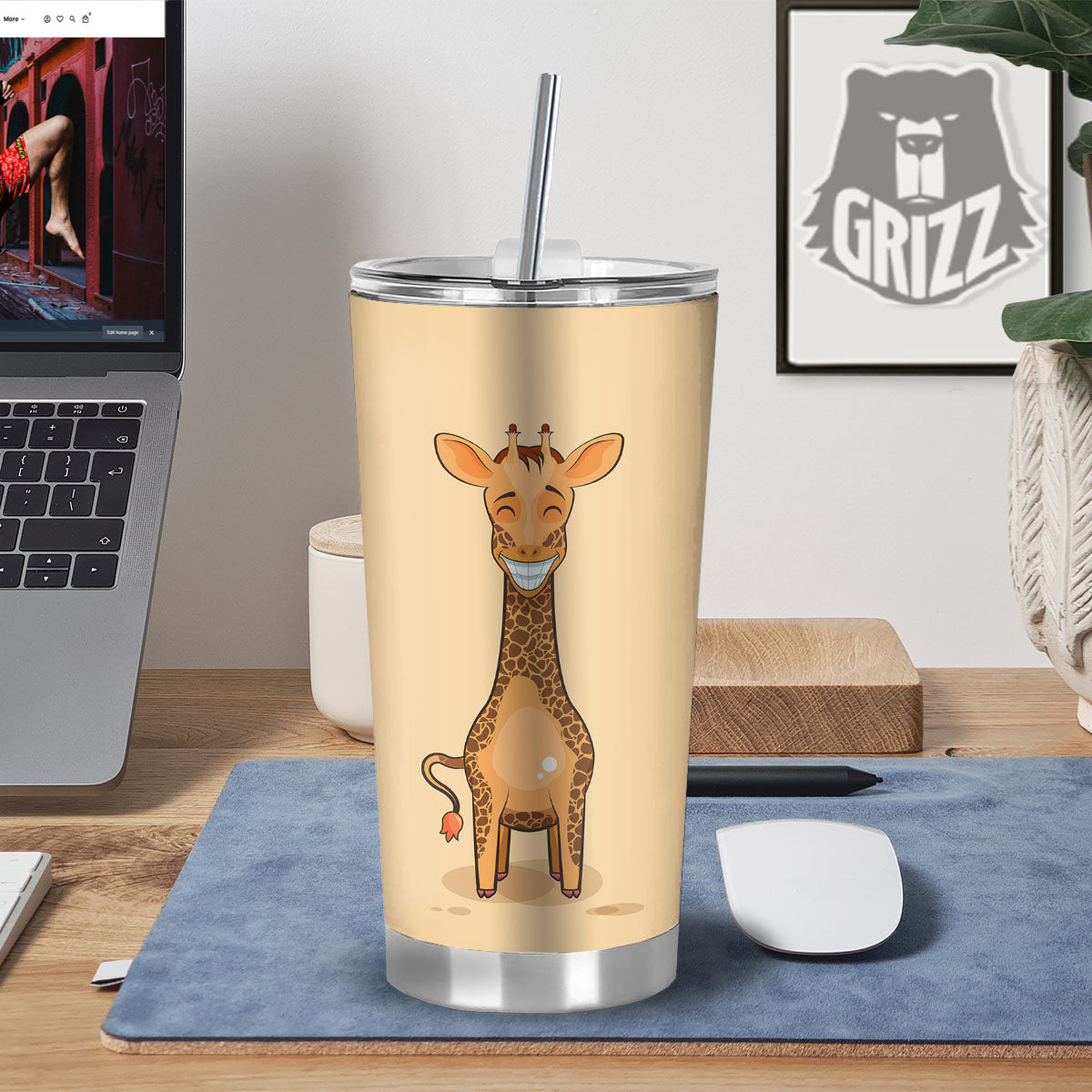 Giraffe Smiley Face Print Tumbler-grizzshop