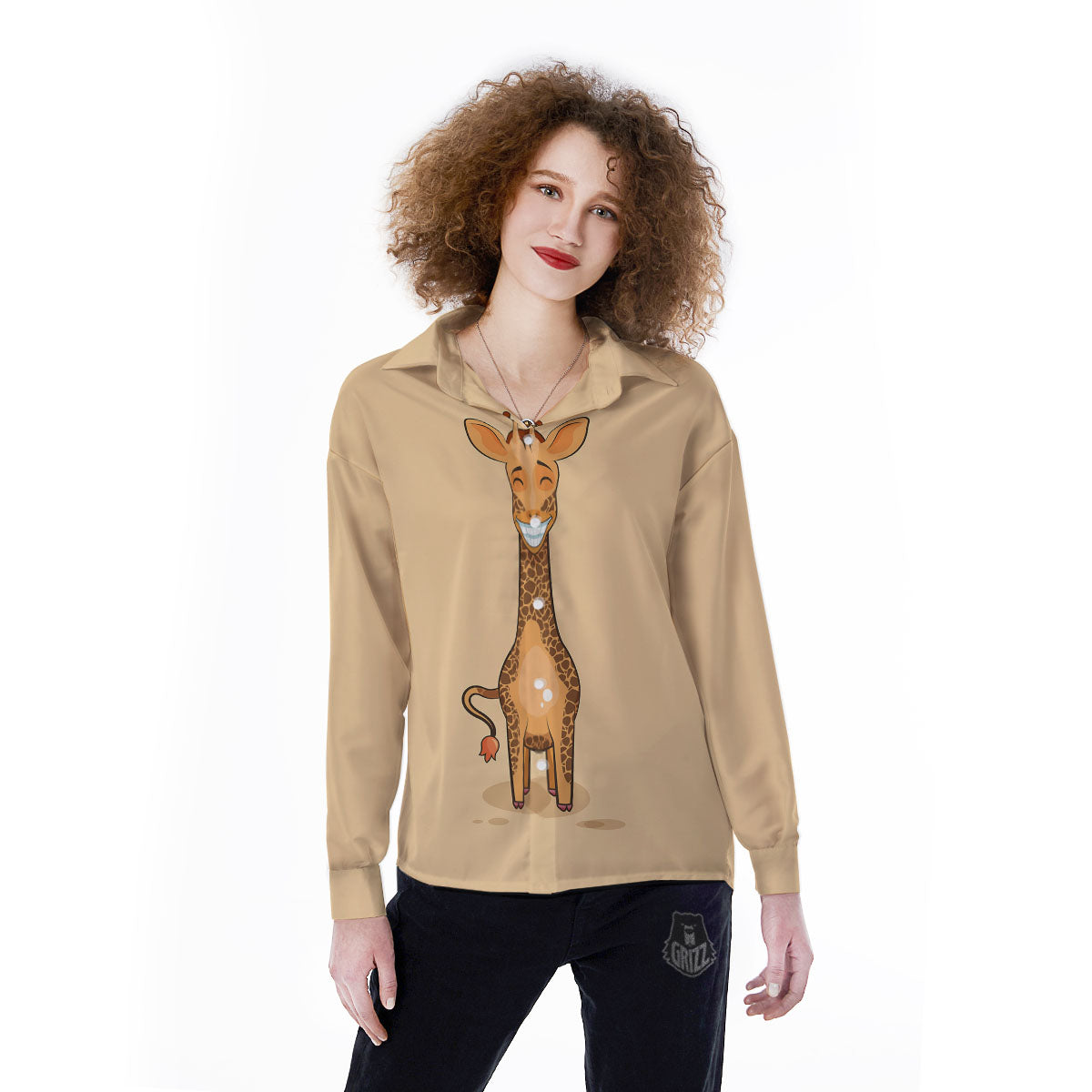 Giraffe Smiley Face Print Women's Long Sleeve Shirts-grizzshop