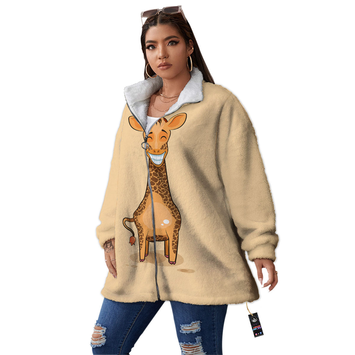 Giraffe Smiley Face Print Women's Sherpa Jacket-grizzshop
