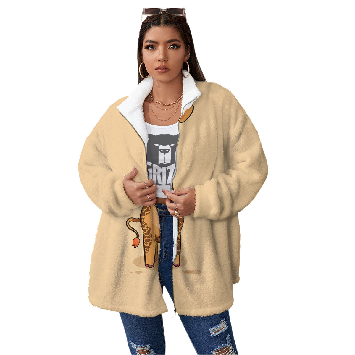 Giraffe Smiley Face Print Women's Sherpa Jacket-grizzshop