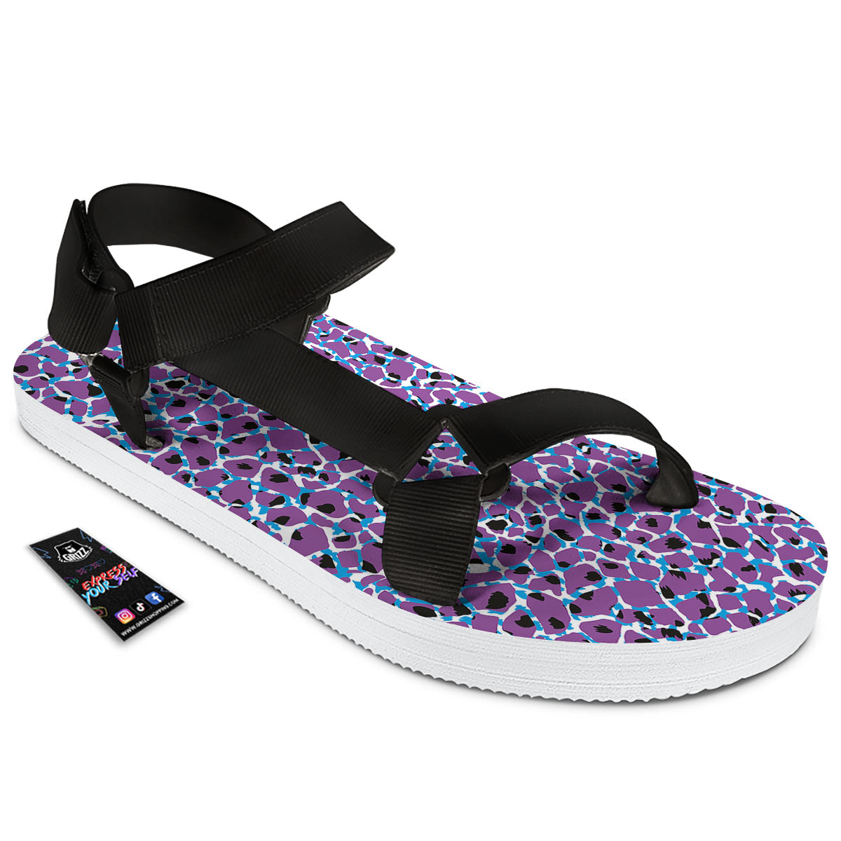 Giraffe Teal And Purple Print Pattern Black Open Toe Sandals-grizzshop