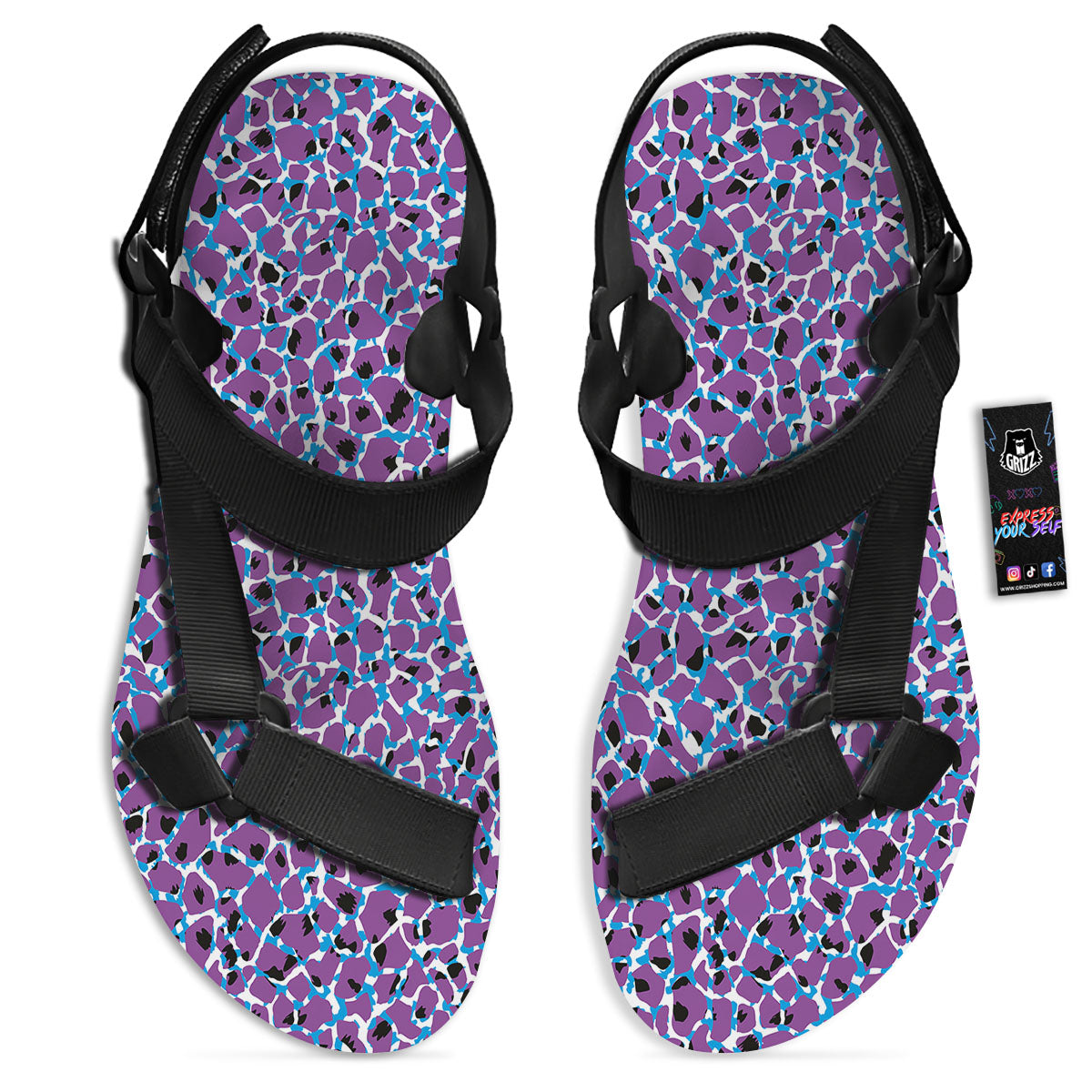 Giraffe Teal And Purple Print Pattern Black Open Toe Sandals-grizzshop