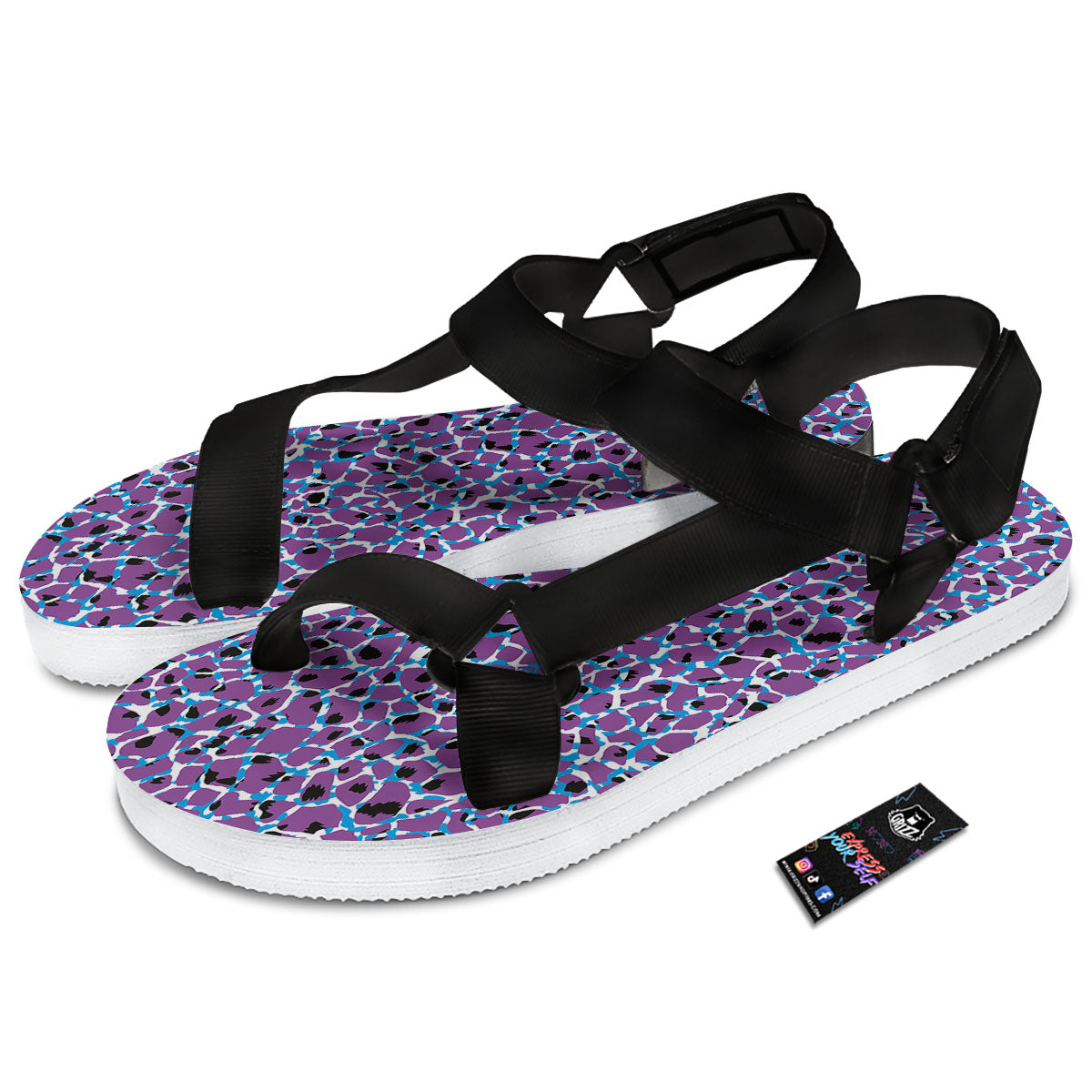 Giraffe Teal And Purple Print Pattern Black Open Toe Sandals-grizzshop